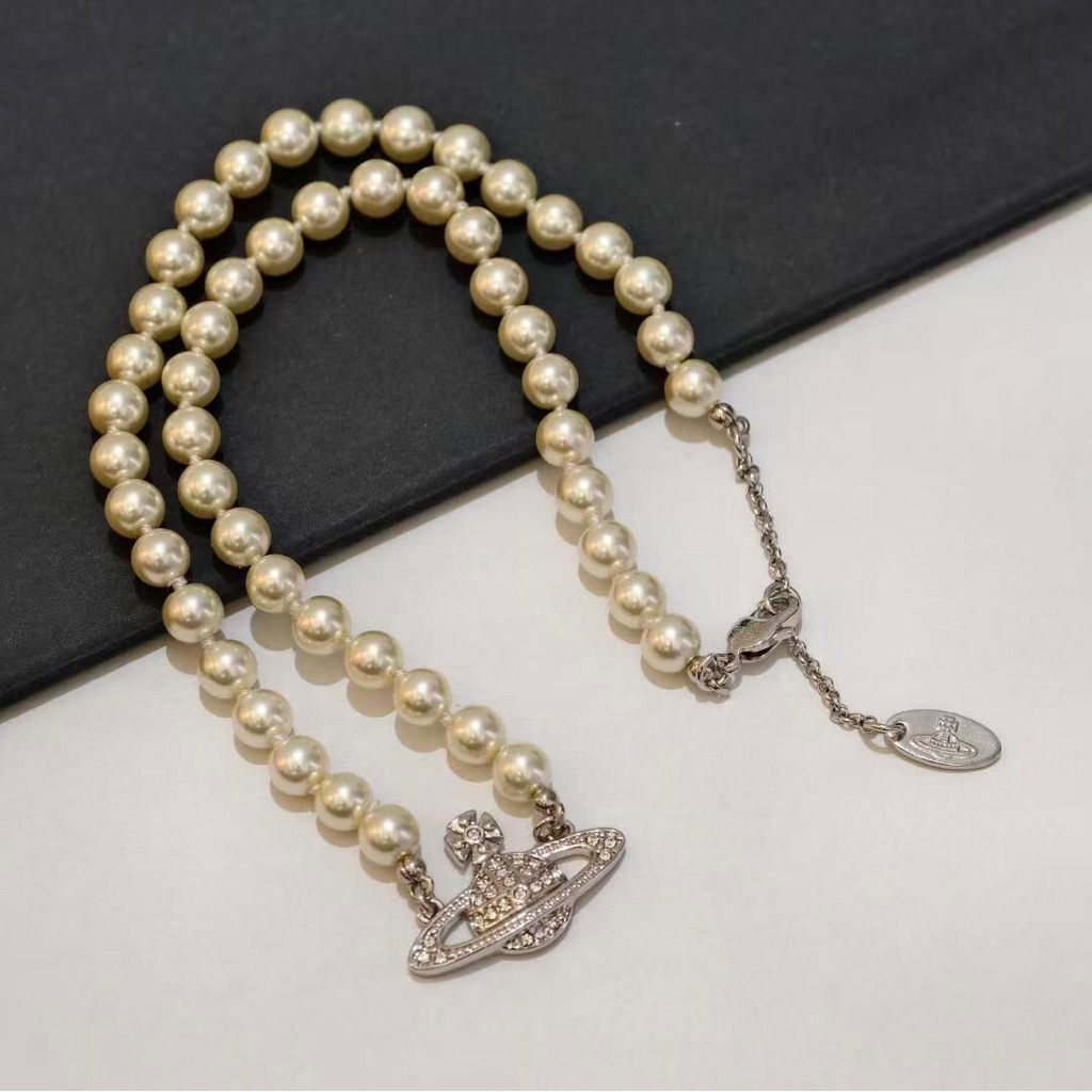 Vivienne Westwood Cream Pearl Necklace With Silver Orb
